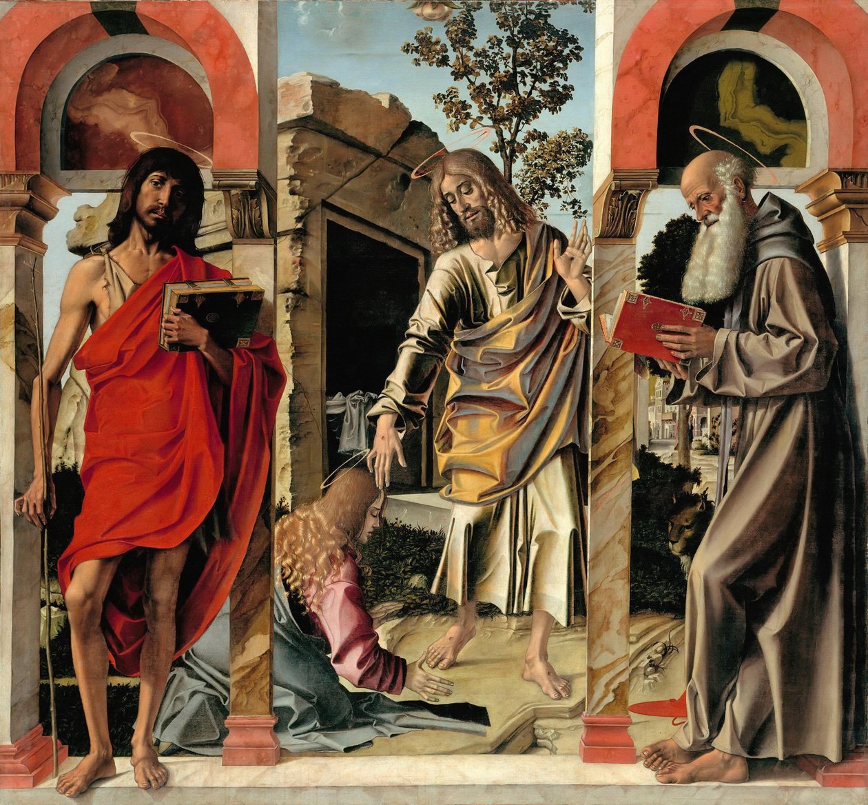 Feltámadt Krisztus Mária Magdolnával és Szent Keresztelő Jánossal és Jeromossal, Kr. e. 1492 alkotó: Bartolomeo Montagna