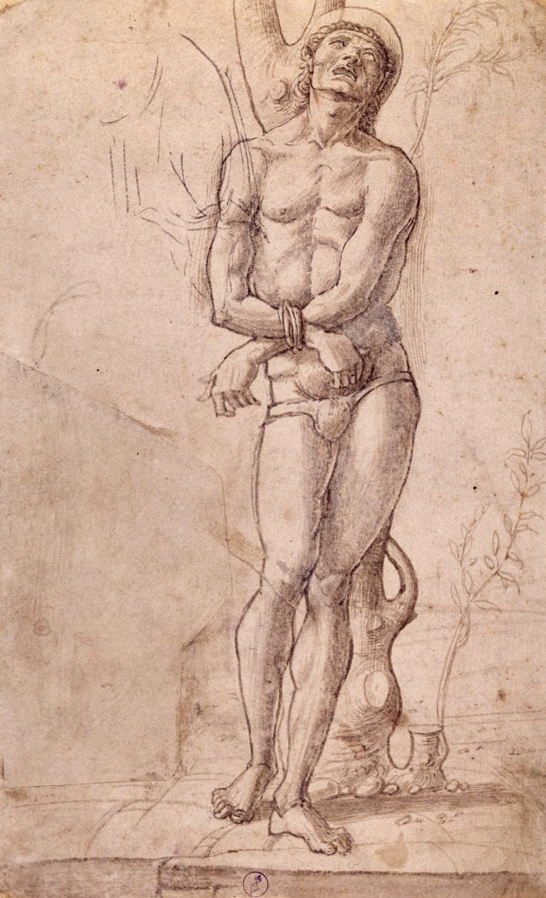 Szent Sebestyén, kb 1475, Bartolomeo Montagna (kb. 1450-1523) rajza, toll és barna tus, barna mosással, 20x15 cm, Olaszország alkotó: Bartolomeo Montagna