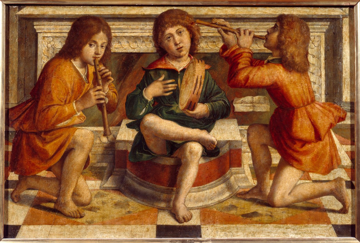Három angyal muzsikus Bartolomeo Montagna festménye (1450-1523) 16. század V. 0,47x0,7 m Lyon, Musee des Beaux Arts alkotó: Bartolomeo Montagna