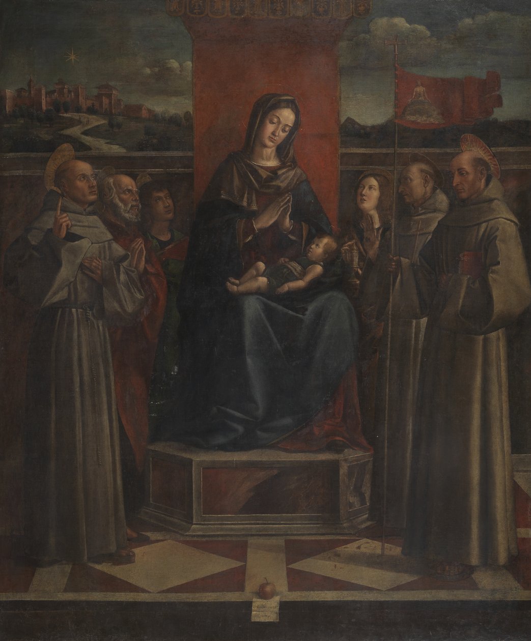 Szűz és Hat szenttel trónoló gyermek, 1500 körül alkotó: Bartolomeo Montagna