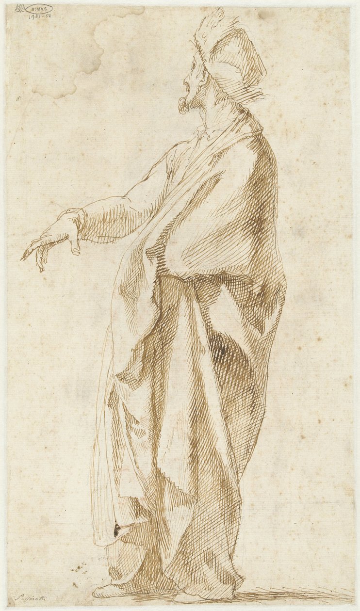 Drapírozott modell, egyik kezével kinyújtva alkotó: Bartolomeo Passarotti