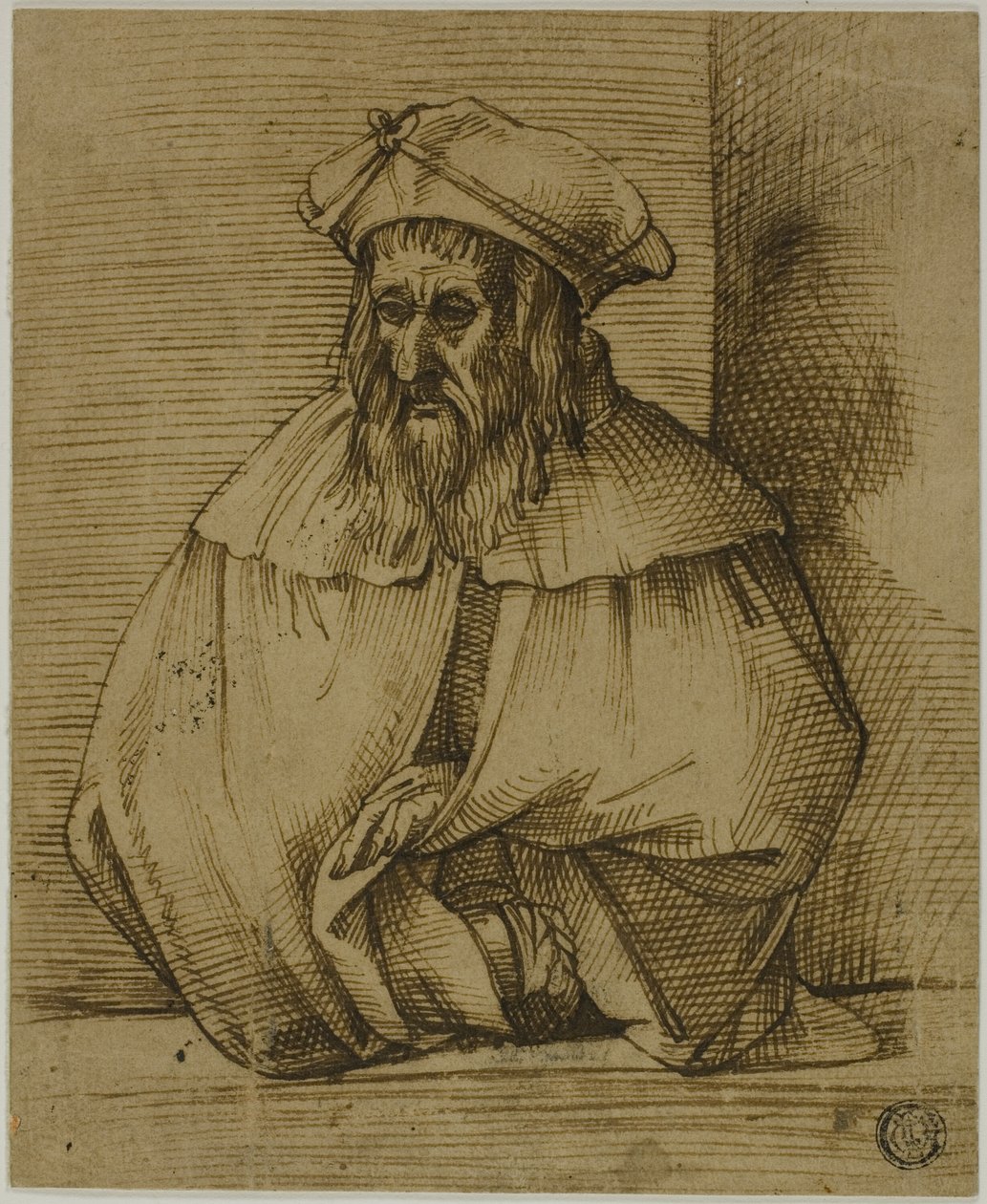 Félhosszú vázlat egy kalapot és köpenyt viselő úriemberről alkotó: Bartolomeo Passarotti