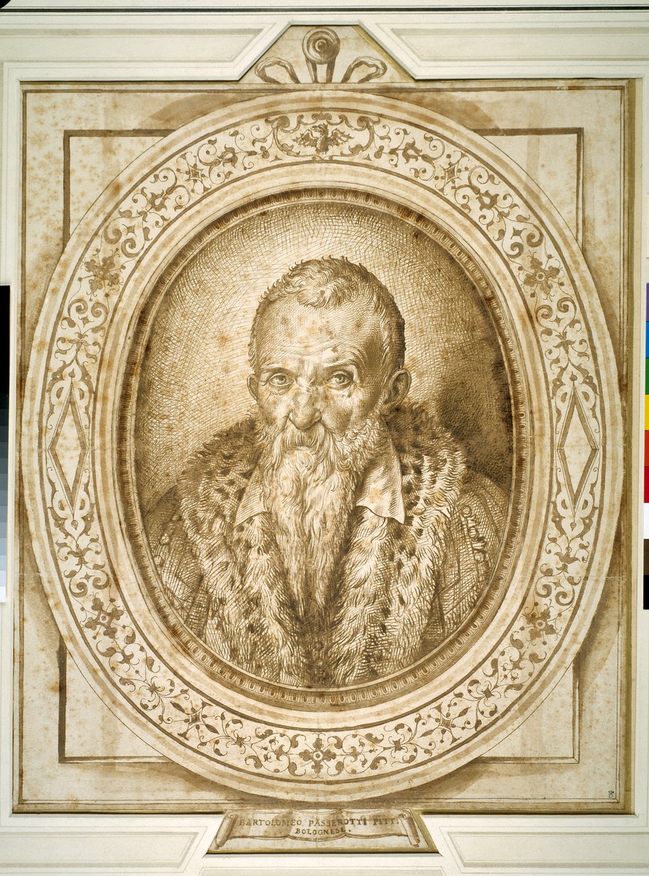 Önarckép idős korban, szimulált kerettel (toll és barna tinta papíron) alkotó: Bartolomeo Passarotti