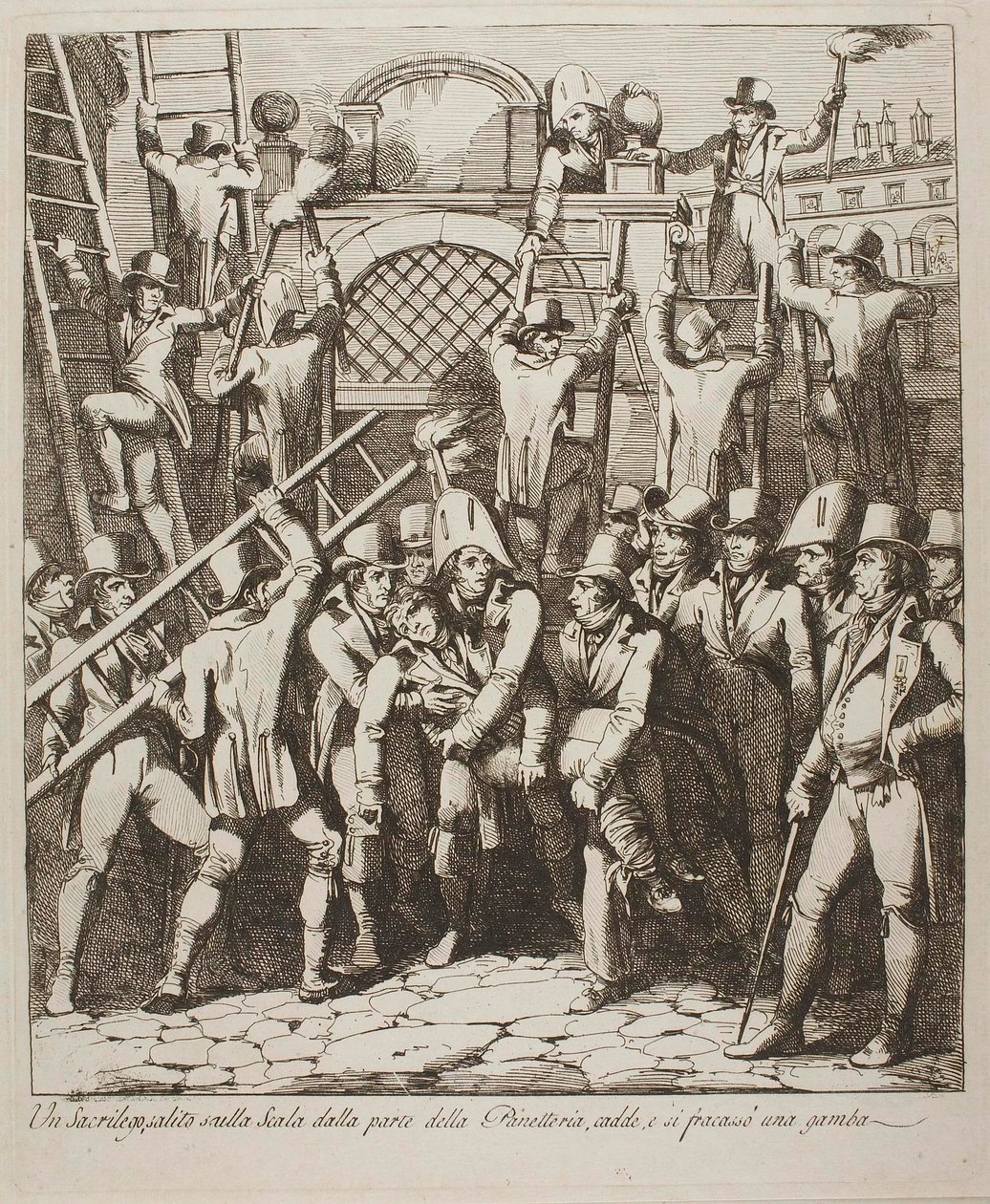 Egy istenkáromló eltöri a lábát, miközben átmászik a Vatikán falain, 1809. július 6. alkotó: Bartolomeo Pinelli