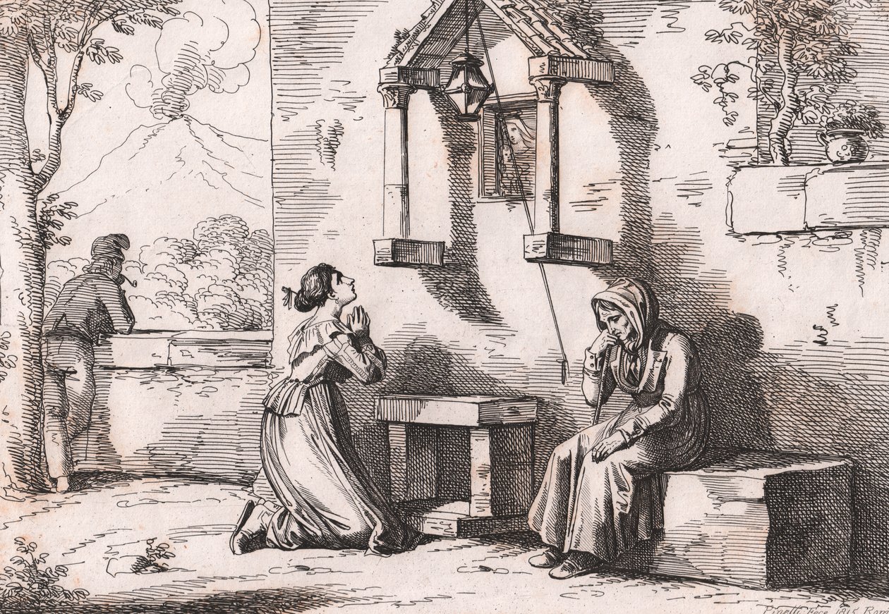 Egy lány, aki a Madonnához imádkozik beteg édesanyjáért, Bartolomeo Pinelli rézkarca (Róma alkotó: Bartolomeo Pinelli
