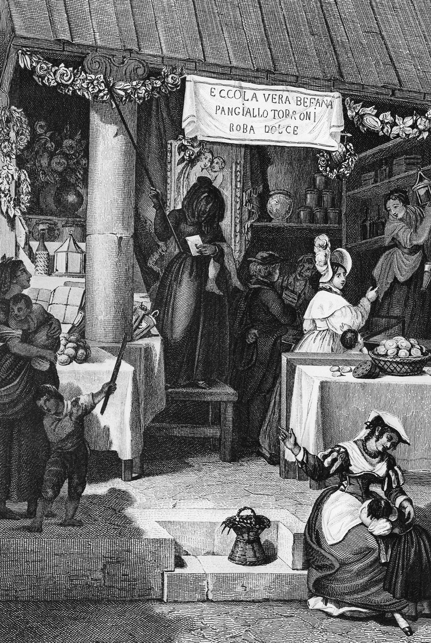Befana (olasz karácsonyi boszorkány), édességet és nugátot áruló bódé a Piazza Navonán, Róma, Bartolomeo Pinelli metszete. alkotó: Bartolomeo Pinelli