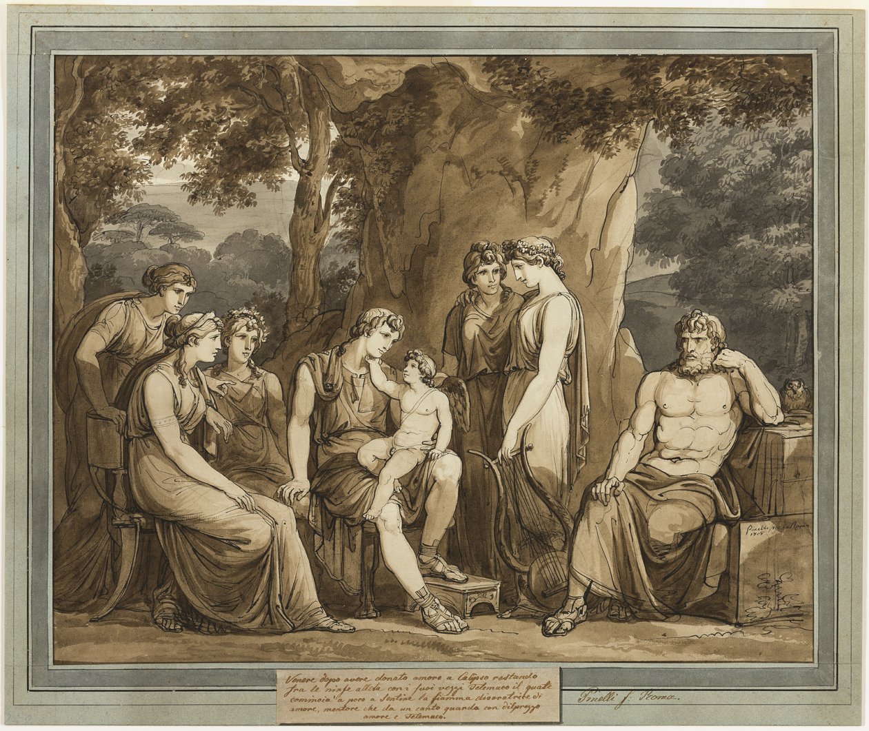 Calypso nézi Telemachust Cupidóval a térdén, míg Mentor mérgesen nézi, Telemachus kalandjai, 7. könyvből alkotó: Bartolomeo Pinelli