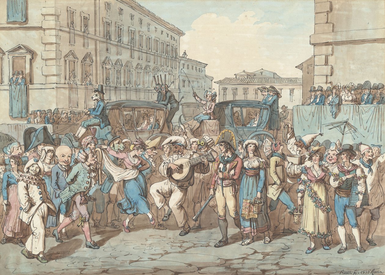 Karnevál Rómában, illusztráció a Római viseletek és szokások című műhöz alkotó: Bartolomeo Pinelli