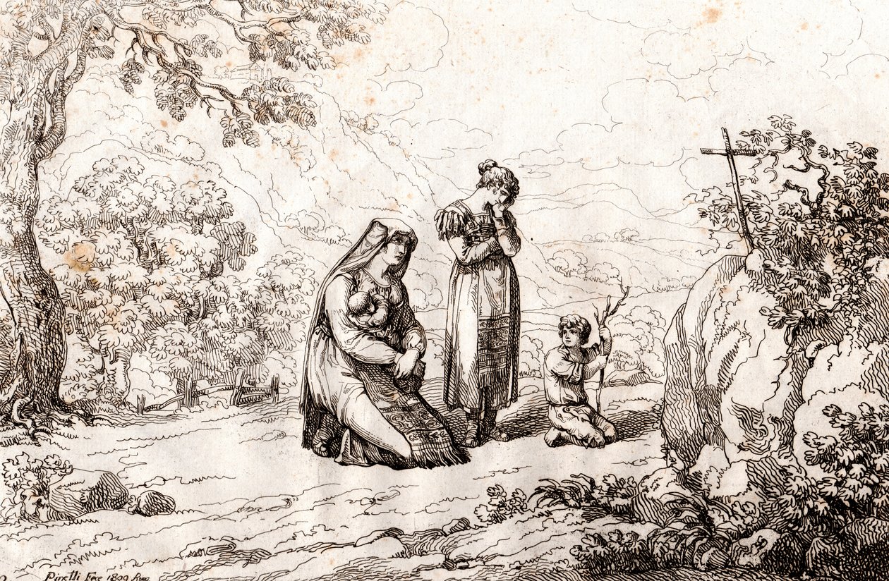 Ciociara nő imádkozik a kereszt előtt, ahol megölték férjét, Bartolomeo Pinelli (Róma) metszet alkotó: Bartolomeo Pinelli