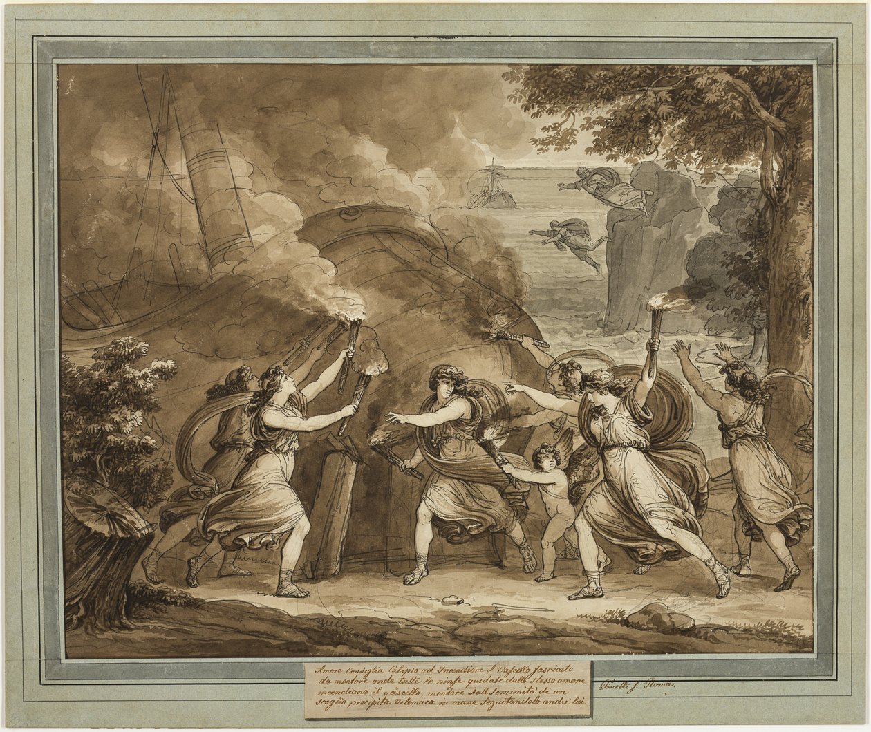 Cupido azt tanácsolja Calypsónak, hogy gyújtsa fel a mentorhajót, Telemachus kalandjai, 7. könyvből alkotó: Bartolomeo Pinelli