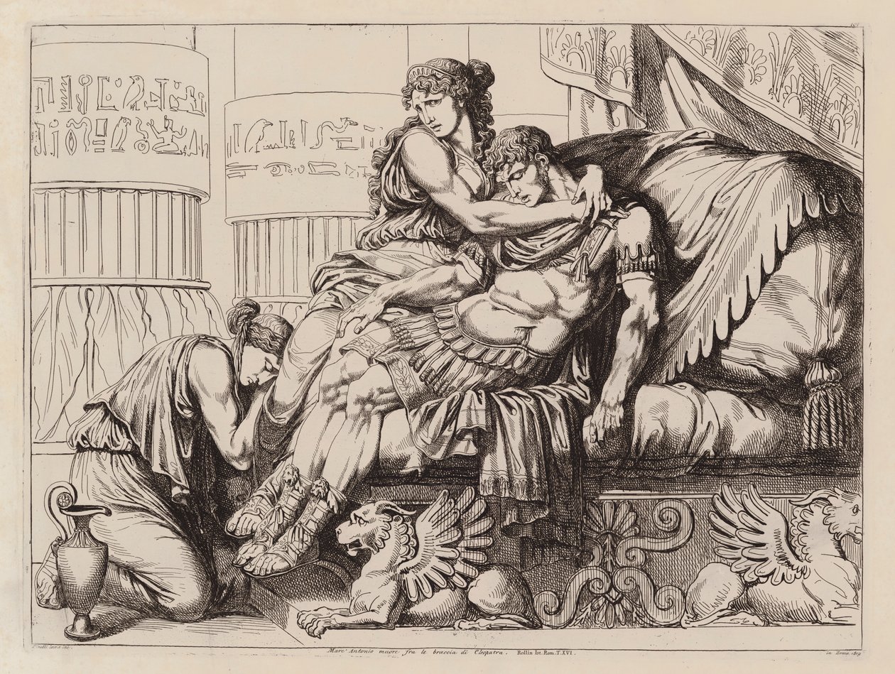 Marcus Antonius halála Kleopátra karjaiban, Kr. e. 30 (metszet) alkotó: Bartolomeo Pinelli