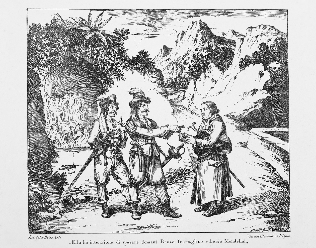 Don Abbondio találkozik két Bravival, Bartolomeo Pinelli (1781-1835) litográfiája, Alessandro Manzoni (1785-1873) Eljegyzettje, Olaszország, XIX. alkotó: Bartolomeo Pinelli