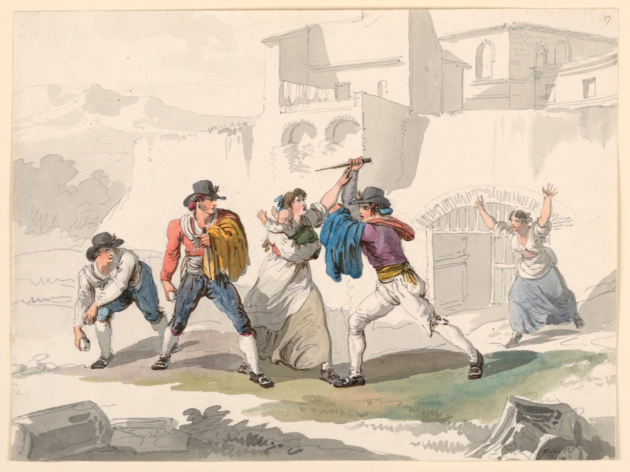 Rajz, Egy családi vita Tivoliban, 1807-08 alkotó: Bartolomeo Pinelli