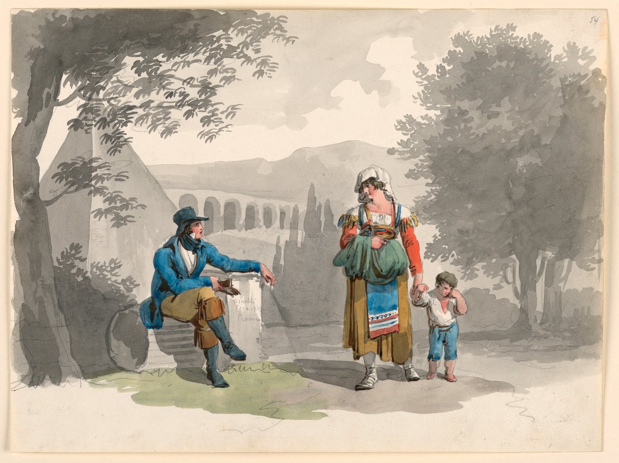 Rajz, Egy nő, aki egy kisfiút tart a kezében, miközben elhalad egy romok között ülő úriember mellett a Campagnán, 1807 alkotó: Bartolomeo Pinelli