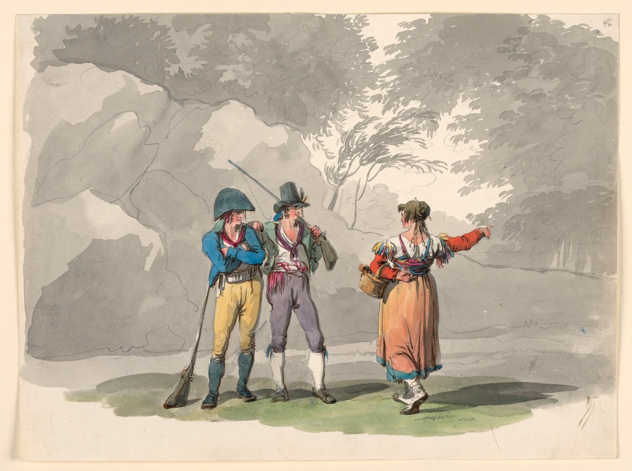 Rajz, Egy nő és két fegyveres férfi. A Nápolyi Királyság jelmezei, 1807-08 alkotó: Bartolomeo Pinelli