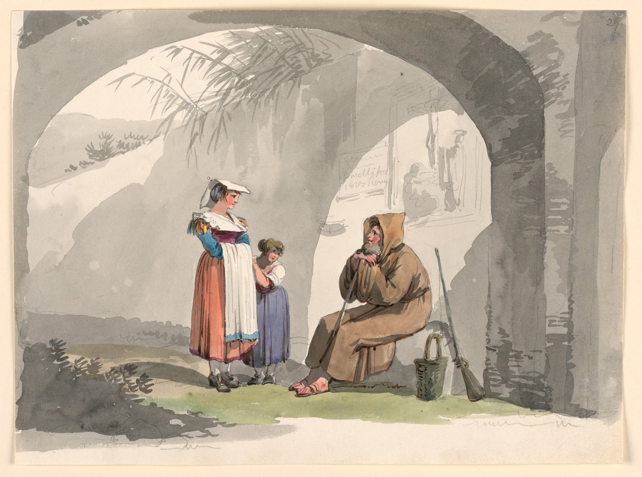 Rajz, Két frascati lány meglátogat egy remetét, 1807 alkotó: Bartolomeo Pinelli
