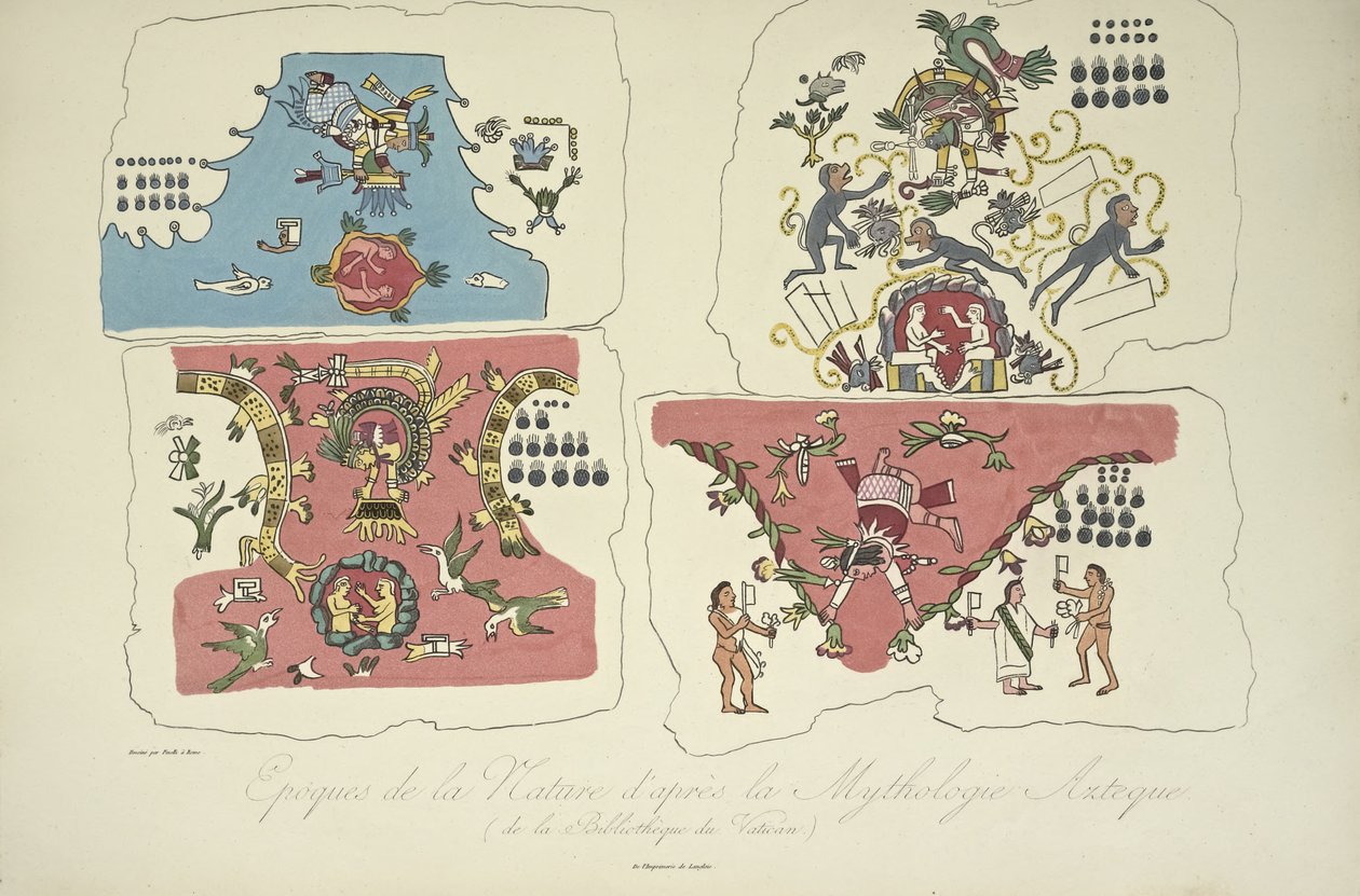 A természet korszakai, az azték mitológia után, a Vatikáni Könyvtárból, illusztráció Alexander von Humboldt és Aime Bonpland „Kordillerák és Amerika őslakosainak emlékművei” című művéből alkotó: Bartolomeo Pinelli