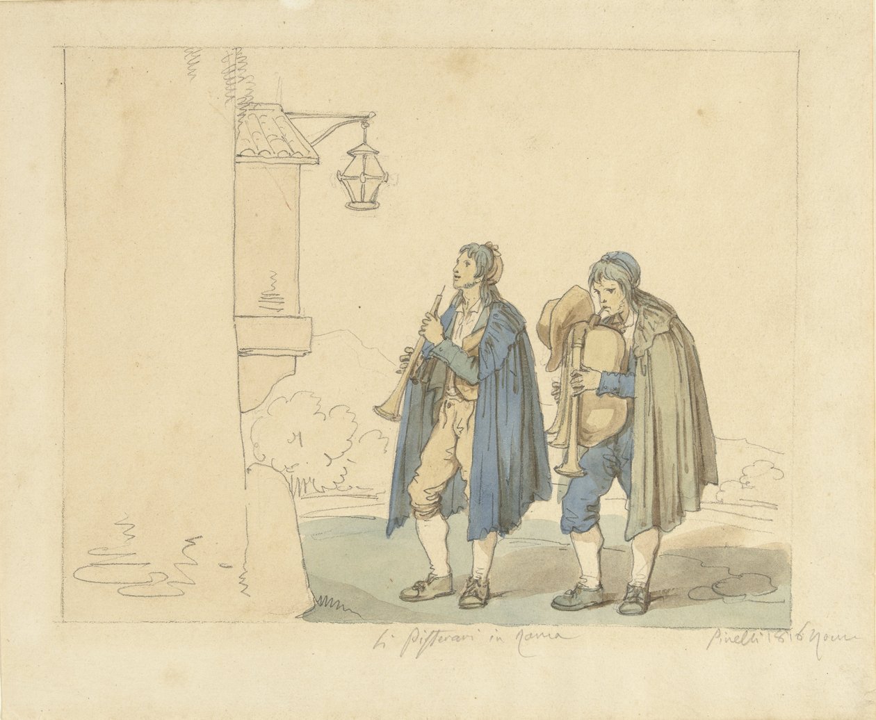 Furulyás és dudás egy ház előtt Li Pifferari romában (cím a tárgyon) alkotó: Bartolomeo Pinelli