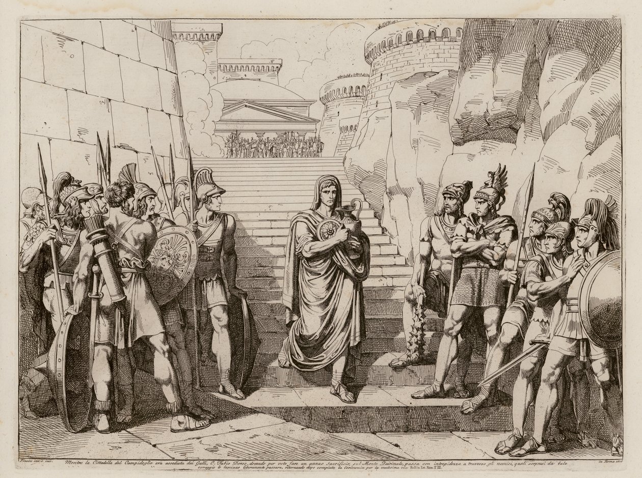 Gaius Fabius Dorsuo zavartalanul halad el a gallok mellett áldozathozatalra menet, Kr. e. 390 (metszet) alkotó: Bartolomeo Pinelli