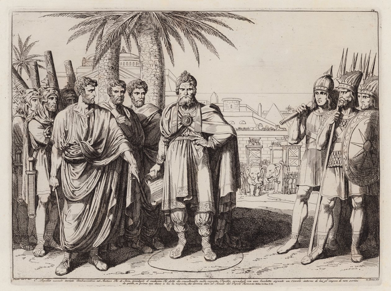 Gaius Popillius Laenas kört rajzol a homokba IV Epifánész Antiochus körül (metszet) alkotó: Bartolomeo Pinelli