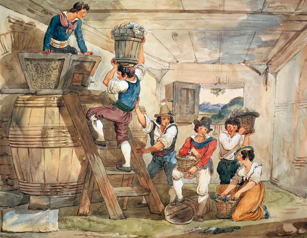 A szüretelők szőlőt visznek préselni alkotó: Bartolomeo Pinelli