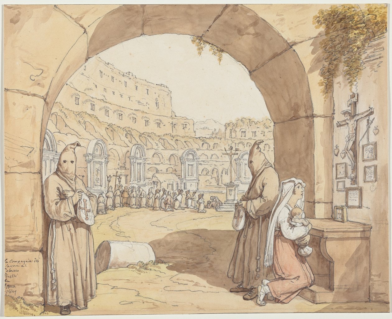 La Compagnia dei sacconi al Colosseo (A Kolosszeumban az oltárok előtt imádkozó bűnbánók) alkotó: Bartolomeo Pinelli