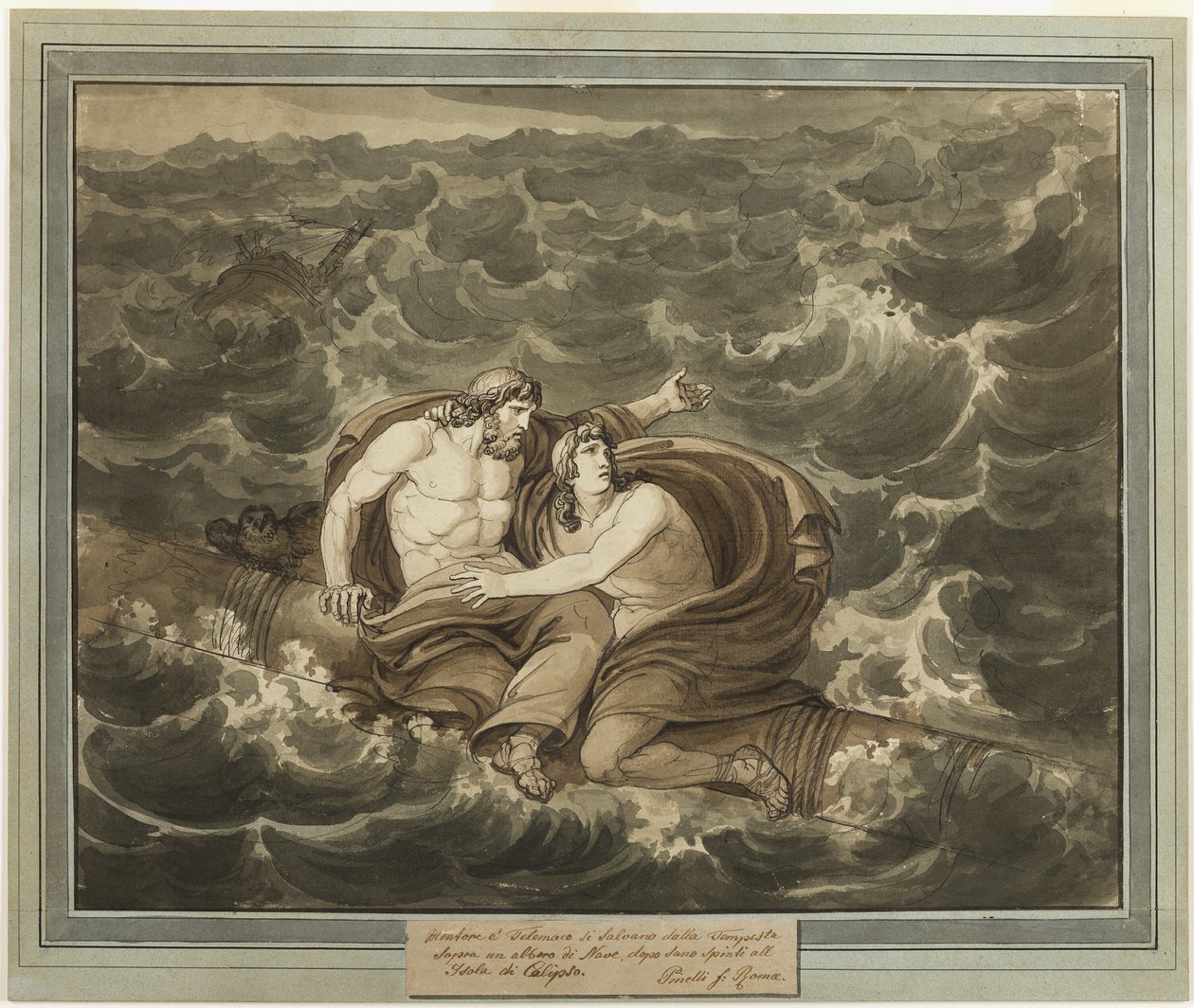 Mentor és Telemachus, akik túlélték a vihart, az árbocra feszített Calypso szigetére, Telemachus kalandjai, 6. könyvből alkotó: Bartolomeo Pinelli