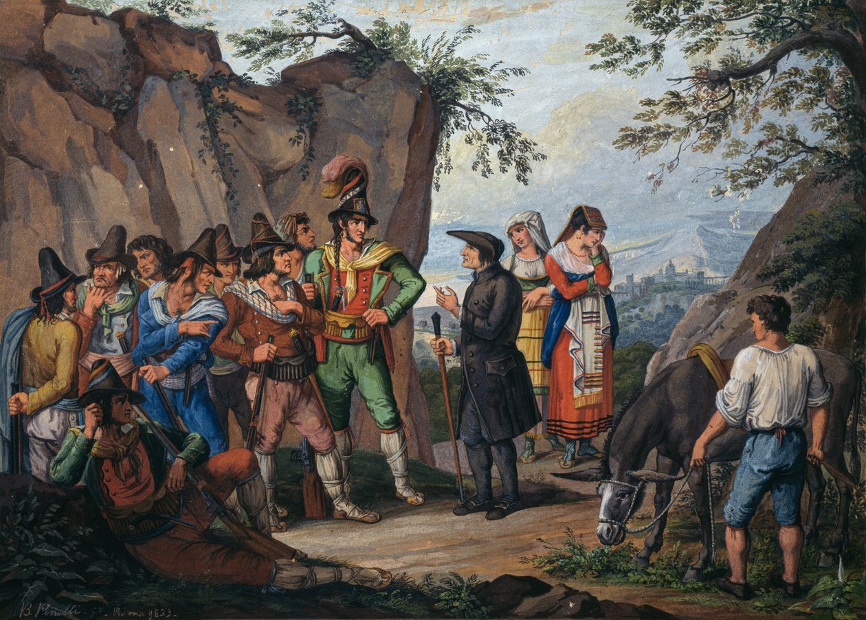 A megadásról szóló tárgyalások Gasparone brigand és Pellegrini főpap között alkotó: Bartolomeo Pinelli