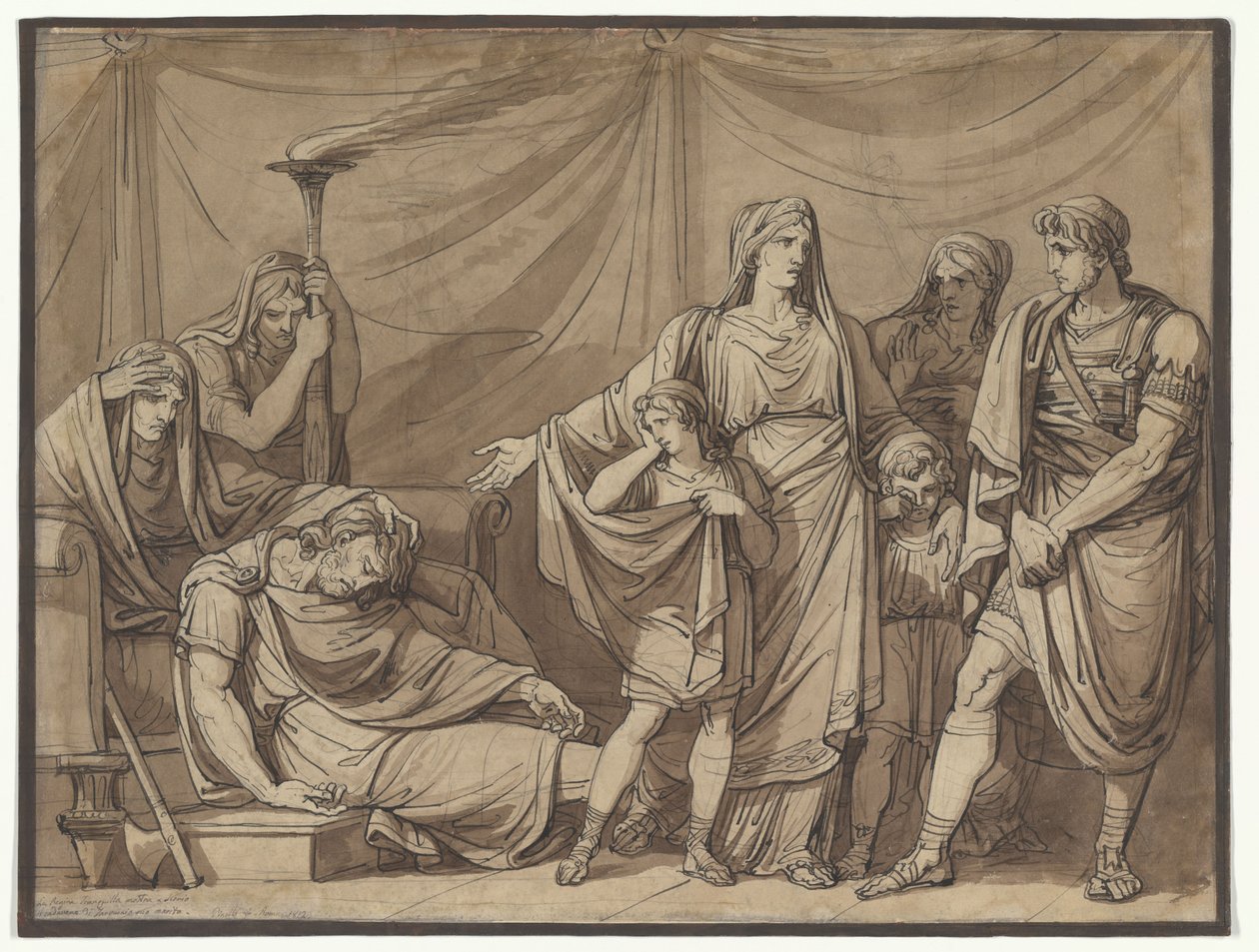 Tranquilla királynőnek bemutatják férje, Tarquin holttestét – illusztráció Charles Rollin *Istoria Romana* című művéhez alkotó: Bartolomeo Pinelli
