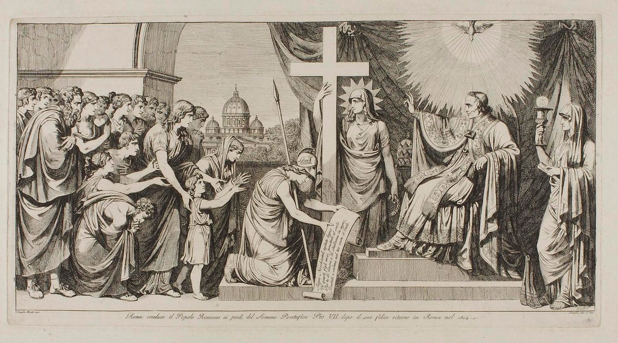 Róma a római népet VII. Piushoz vezeti, miután 1814-ben visszatért Rómába alkotó: Bartolomeo Pinelli