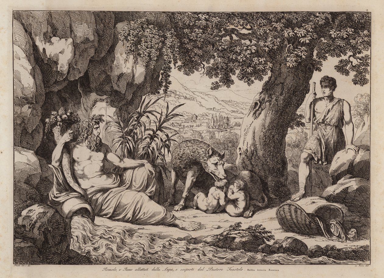 Romulus és Remus a farkaslány által szoptatott és a pásztor Faustulus által felfedezett Romulus és Remus (metszet) alkotó: Bartolomeo Pinelli