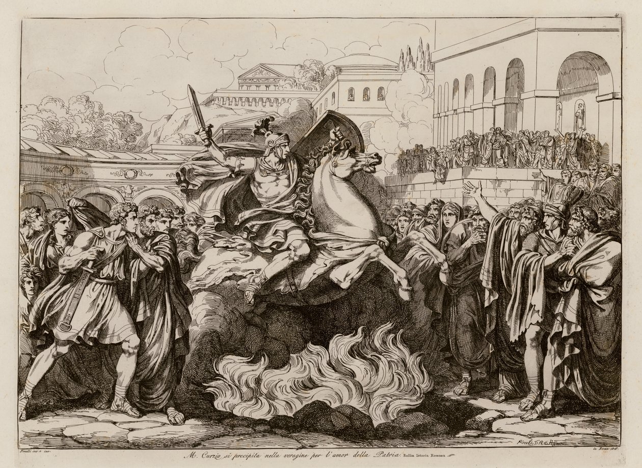 Marcus Curtius szakrális halála (metszet) alkotó: Bartolomeo Pinelli