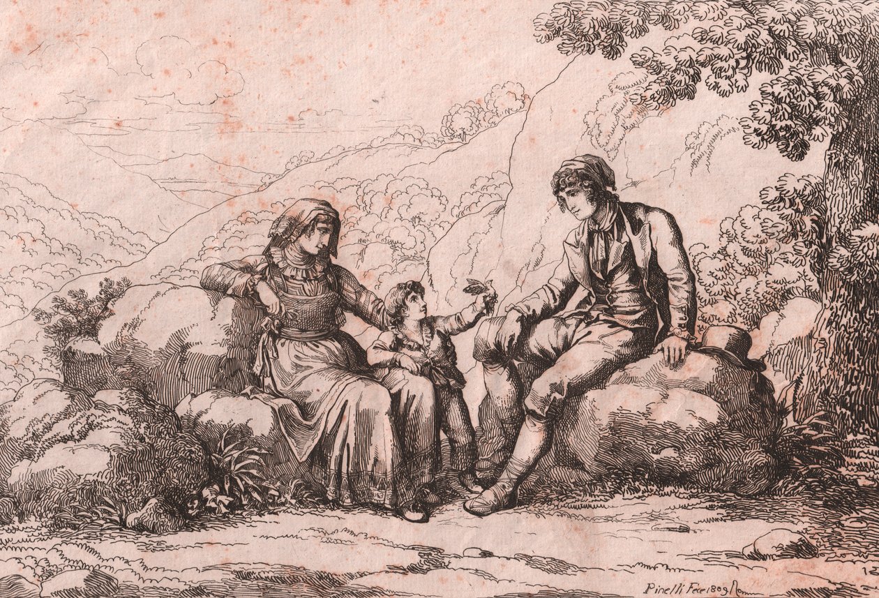 Két közember egy babával, Schiavi, Abruzzo, Bartolomeo Pinelli rézkarca (Róma alkotó: Bartolomeo Pinelli