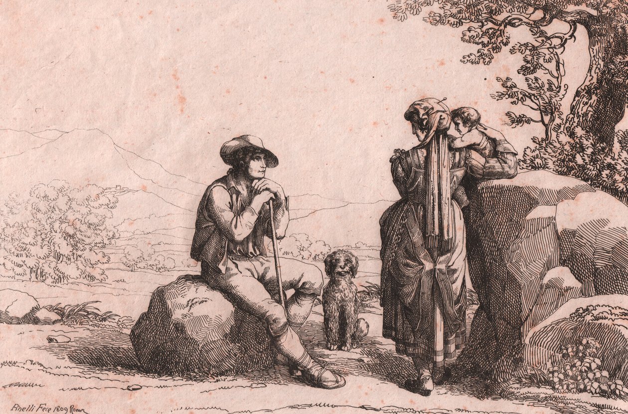 Két közember egy babával és egy kutyával Fraine-ben, Abruzzóban, Bartolomeo Pinelli (Róma) rézkarca alkotó: Bartolomeo Pinelli