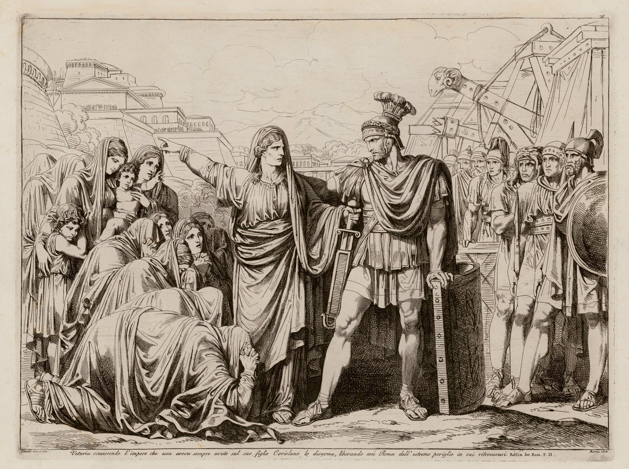 Veturia meggyőzi fiát, Coriolanust, hogy ne támadja meg Rómát (metszet) alkotó: Bartolomeo Pinelli