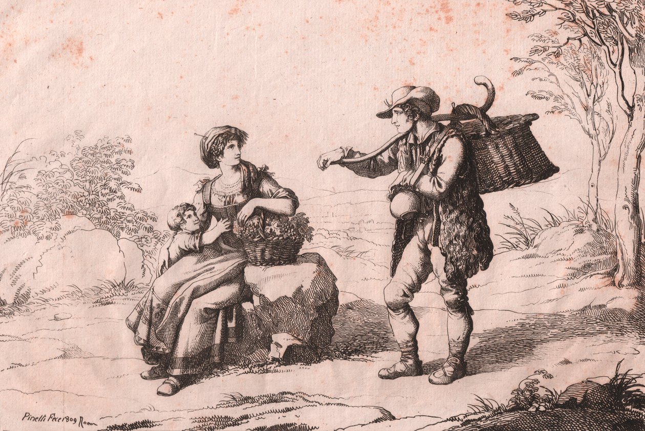 Nő Pietra Terrazzanából hagyományos viseletben, Abruzzóban és gioncataróban (caciotte sajt eladója), Bartolomeo Pinelli (Róma) rézkarca alkotó: Bartolomeo Pinelli