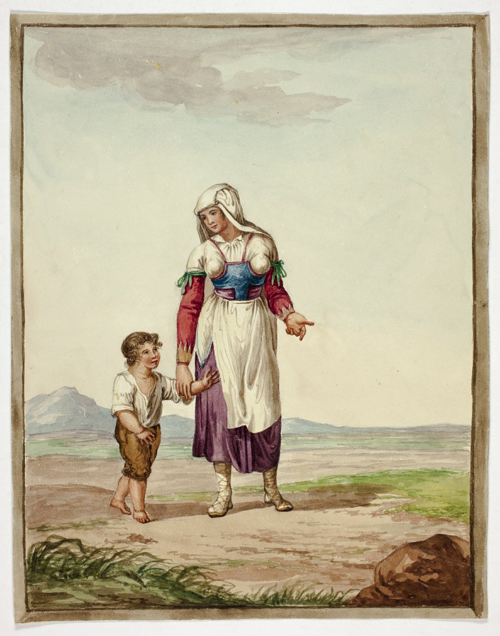 Nő bennszülött jelmezben fiúval az úton alkotó: Bartolomeo Pinelli
