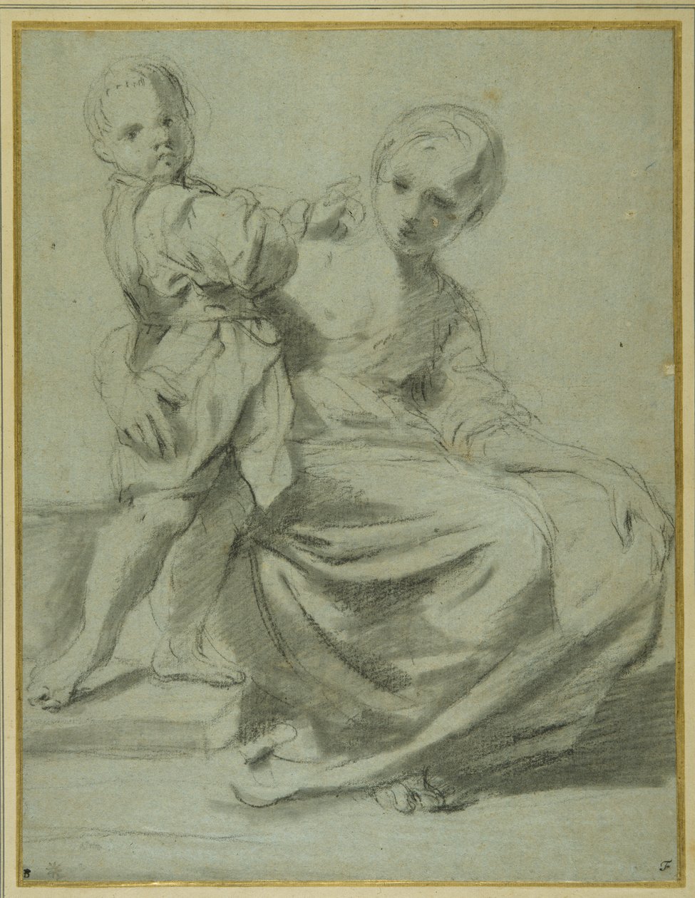 Anya és gyermeke (fekete kréta barna mosással a carta azzurrán) alkotó: Bartolomeo Schedoni