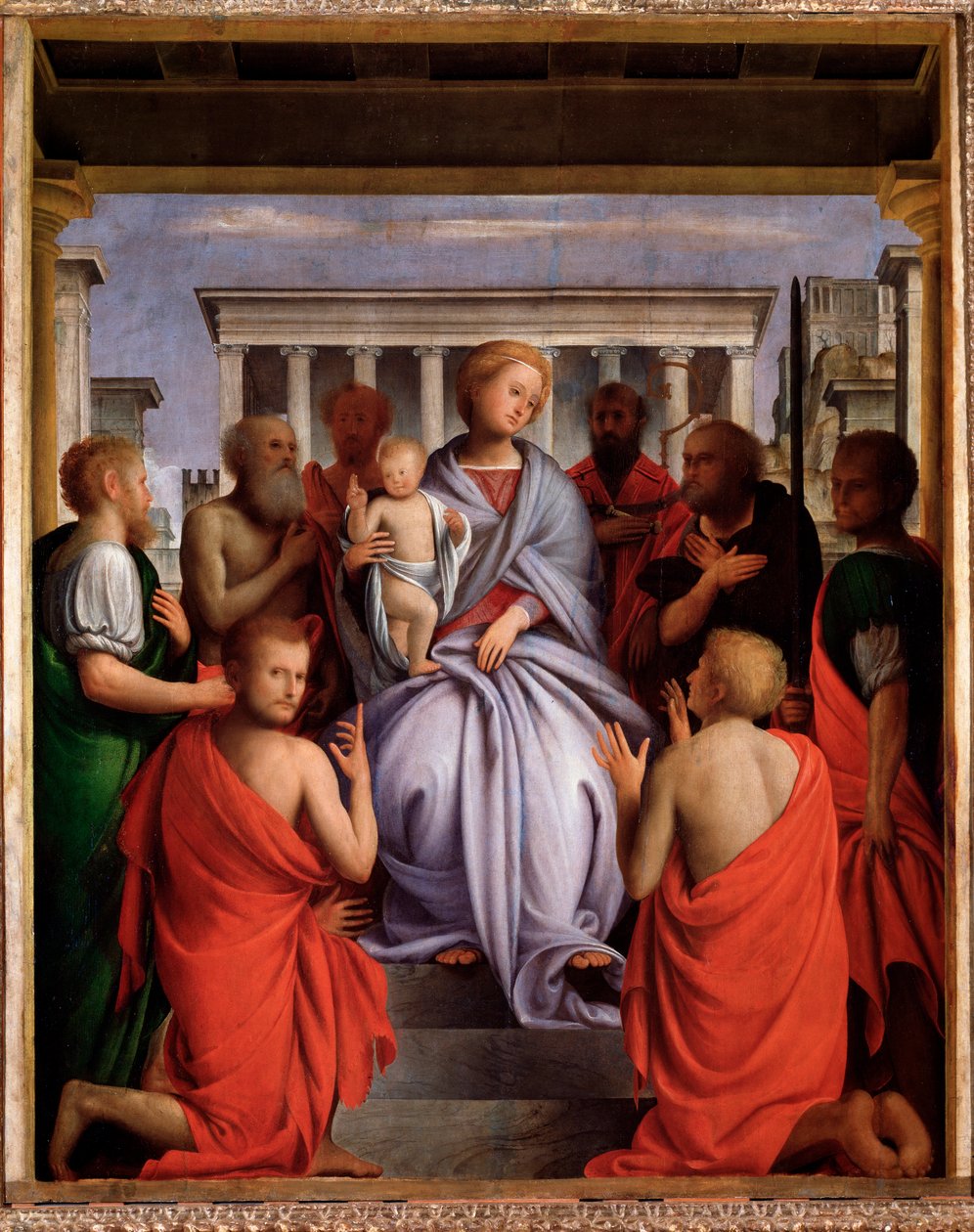 Madonna col Bambino e otto santi (Szűz és gyermek nyolc szenttel, Madonna és gyermek nyolc szenttel) Bartolommeo Suardi festménye szerint a Bramantino (1465-1530) 1515-1520 Méret: 214x104 cm Pitti Firenze, Palazzo alkotó: Bartolomeo Suardi Bramantino