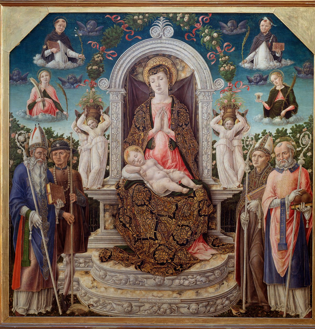 Szűz és Gyermek a trónon Szent Ágoston, Szent Rókus, Toulouse-i Szent Lajos (Anjou), Myre-i Szent Miklós és a mennyben Szent Katalin, Szent Dominika, Szent Péter vértanú (Verona) és Szent Mária Madeleine (Szűz gyermekével) körül ész alkotó: Bartolomeo Vivarini