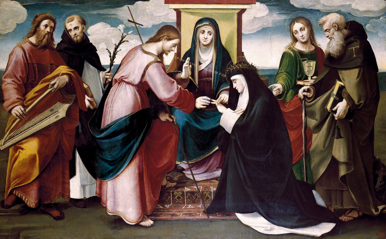 Sienai Szent Katalin misztikus esküvője Krisztussal, Keresztelő János Szentek, Antonio Abate, Domonkos, Dávid király és Szűz Mária, c. 1517 (olaj a panelen) alkotó: Bartolomeo called Bagnacavallo Ramenghi