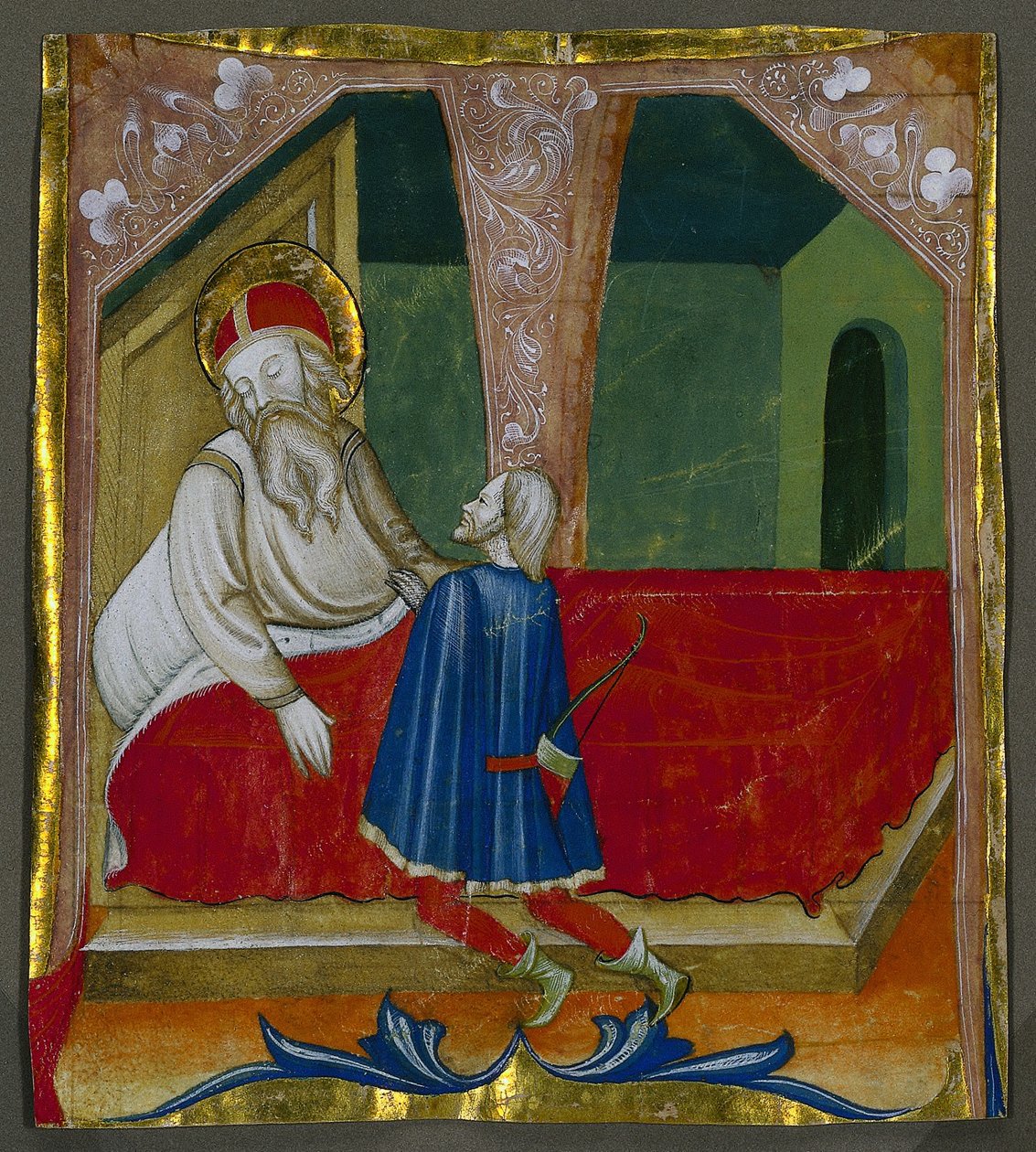 Kezdő T egy kóruskönyvből Izsákkal és Ézsauval alkotó: Bartolomeo da Gallarate