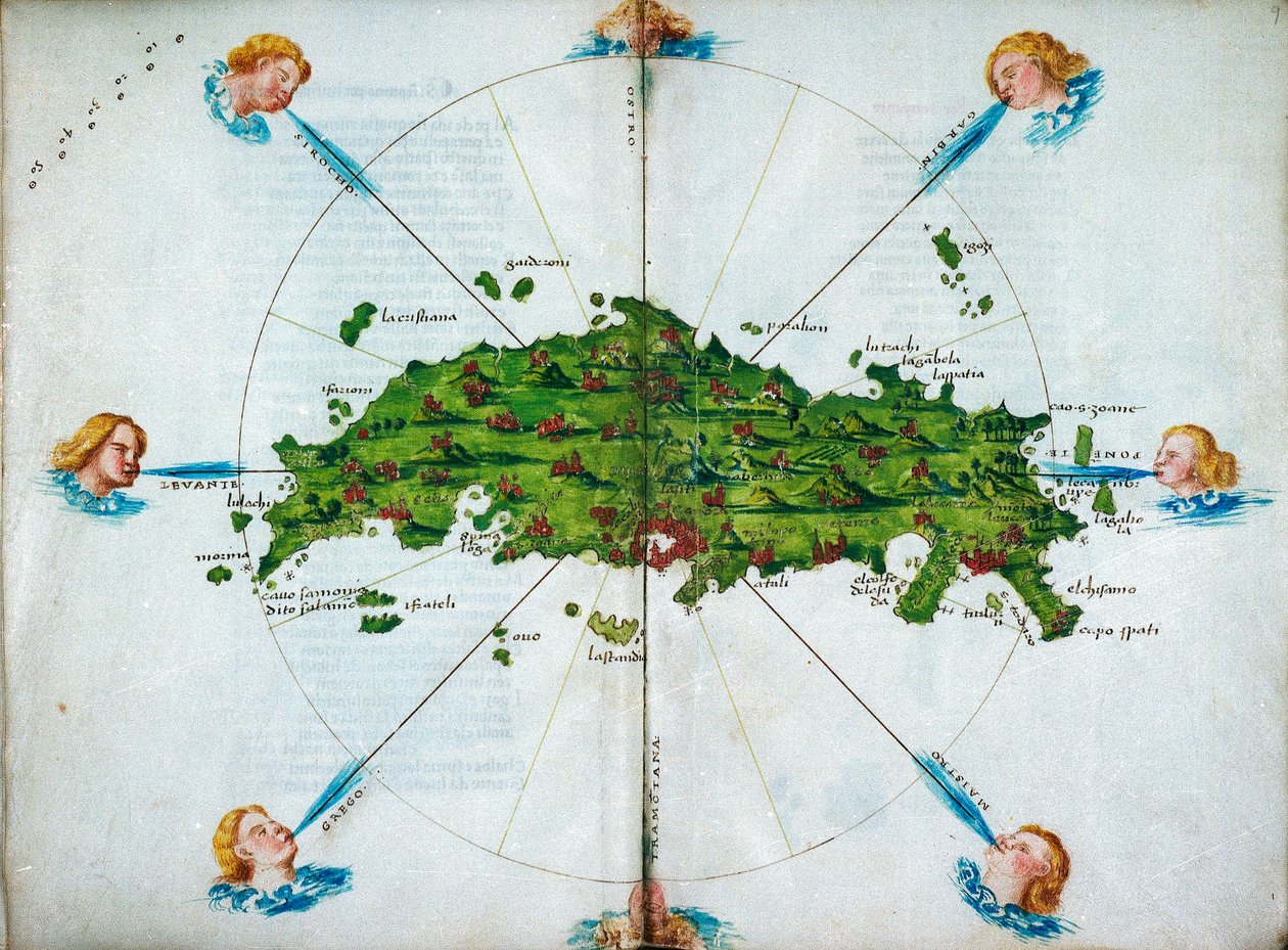 Isolario, versben, színes rajzokkal és a Földközi-tenger keleti részének térképével, pergamen, 1480 körül (rajz pergamenre). alkotó: Bartolomeo da li Sonetti