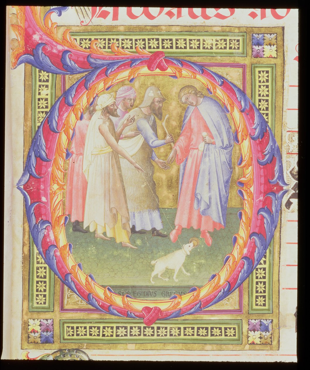 Ms 518 f.1r Tóbiást és az angyalt ábrázoló történeti kezdetű O alkotó: Bartolomeo di Frusino