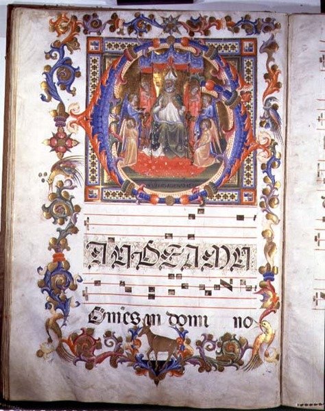 Ms 557 f.35v Aegidiust (St. Giles) (dc700) trónoló és angyalokkal körülvett megvilágítású oldal a „Messale di Sant