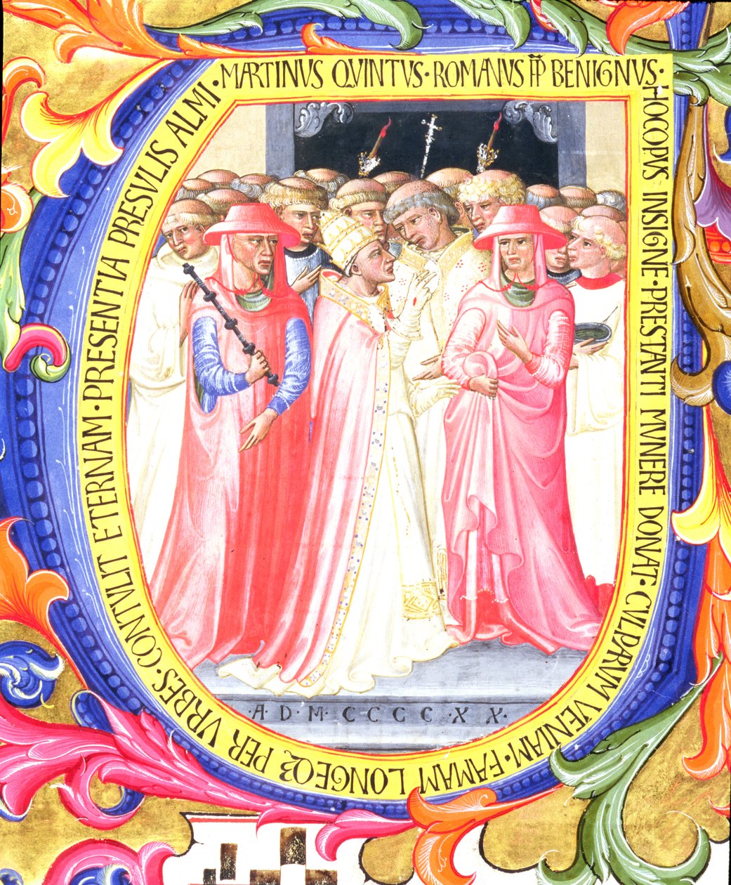Ms 557 f.61v Történeti kezdetű U, amely V. Márton pápát ábrázolja, 1368-1431, amint felszentelte a Sant-templomot. Egidio, a San Marco e Cenacoli antifonális 1420 pergamen részlete 100098 alkotó: Bartolomeo di Frusino