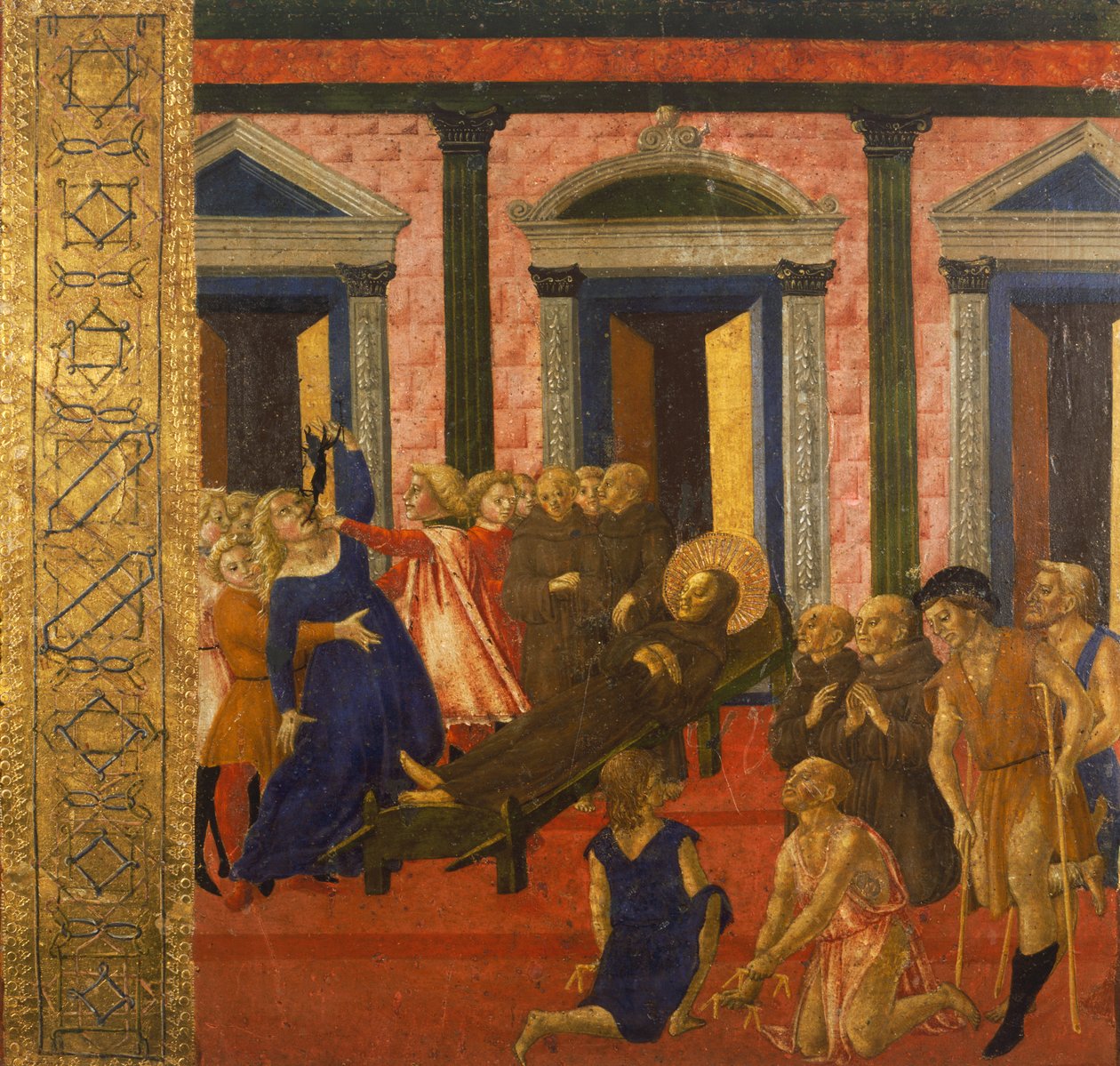 San Bernardino ördögűz egy megszállott nőt, Neroccio di Bartolomeo (1447-1500), festménye, Palazzo Pubblico (Nyilvános palota), Siena, Olaszország. alkotó: Bartolomeo di Neroccio