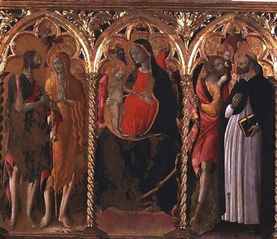 Triptichon: Madonna és gyermek (középpanel) Keresztelő Szent Jánossal, Szent Mária Magdolnával, Szent Kristóffal és Szent Domonkossal (tempera a panelen) alkotó: Bartolomeo di Tommaso da Foligno