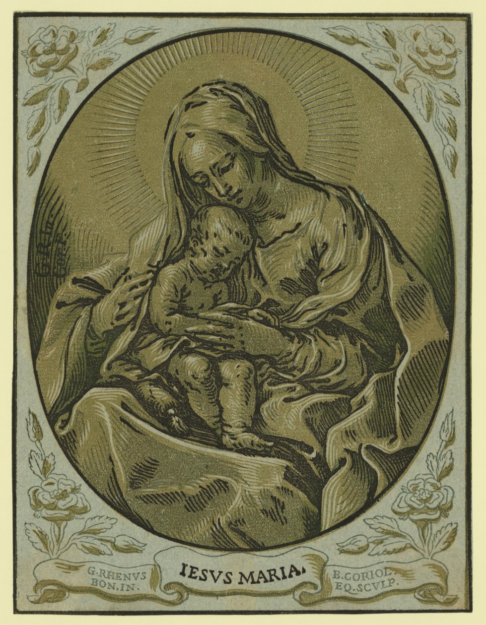 Madonna és gyermeke, chiaroscuro fametszet, Bartolommeo Coriolano alkotó: Bartolommeo Coriolano
