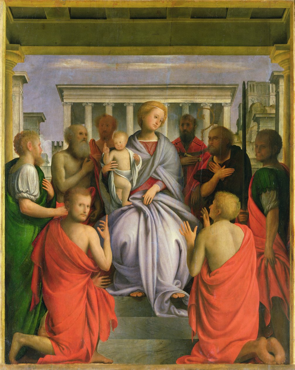 Madonna és gyermek nyolc szenttel, 1520-as évek (tempera a panelen) alkotó: Bartolommeo Suardi Bramantino